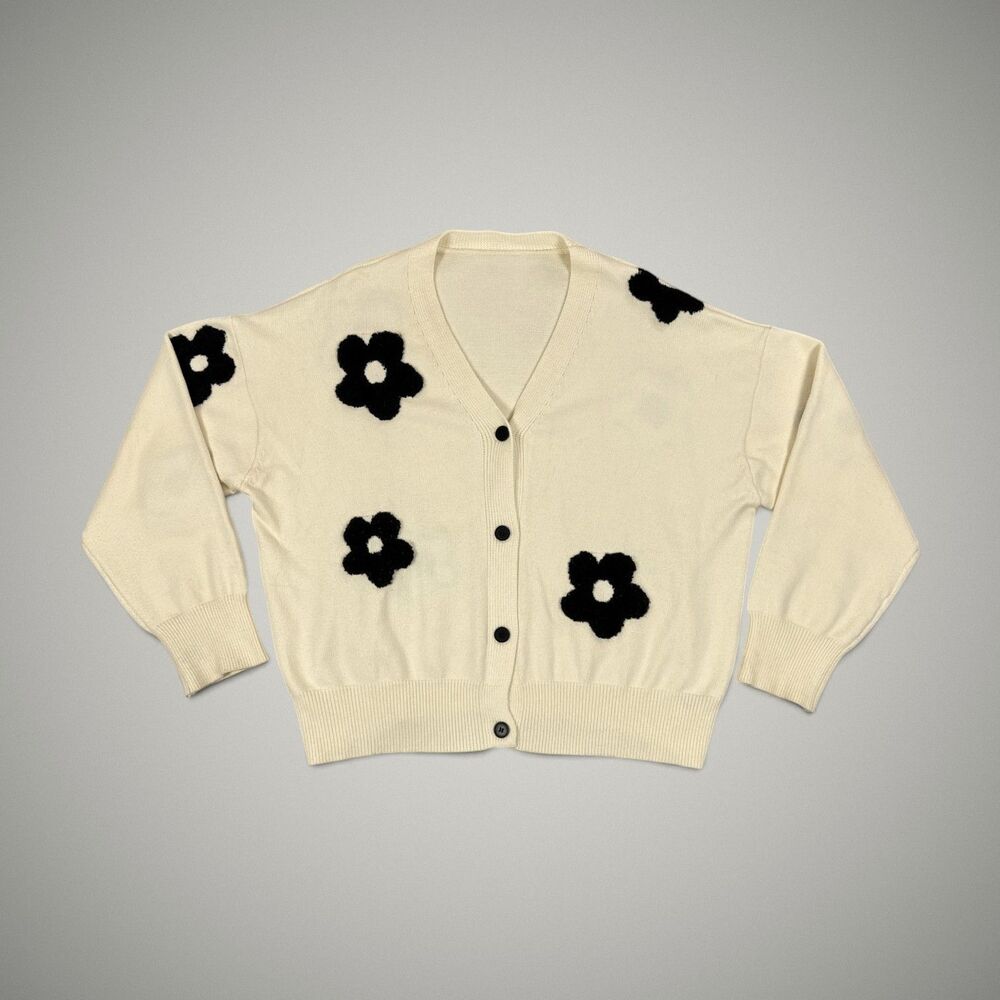 Cider Women's Floral Button Cardigan Sweater Beige Black V-Neck Retro Size 4XL